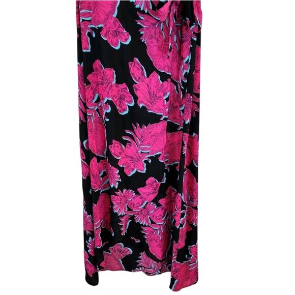 Monteau Womens Maxi Wrap Dress Size S Pink Black Floral Tie Front Kimono Sleeve - Picture 6 of 11